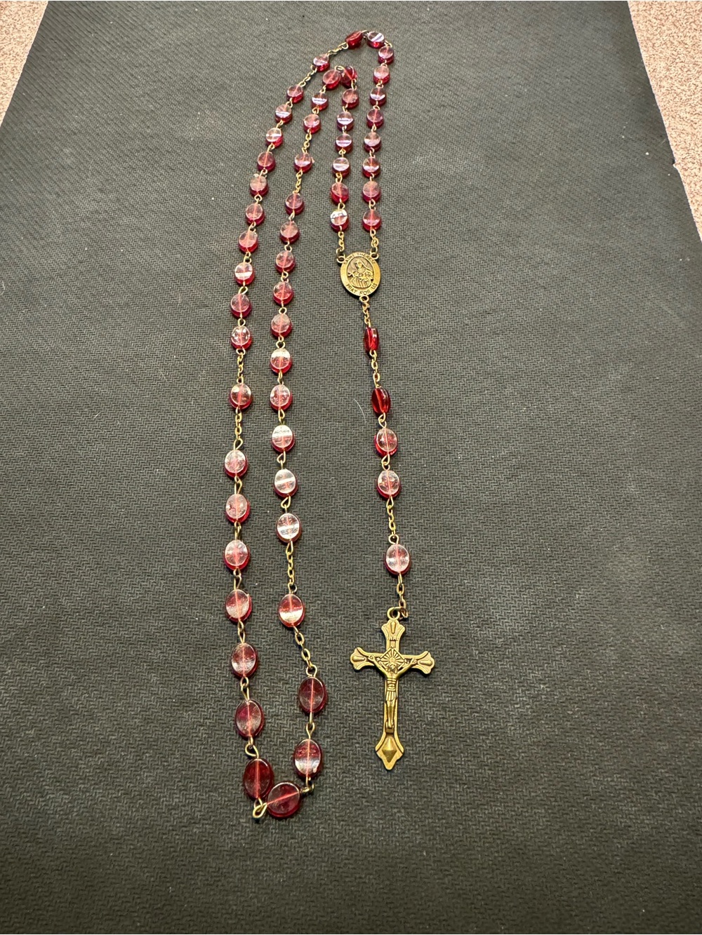 Vintage St.Teresa Catholic Bronze Tone Red Flat Beads Rosary